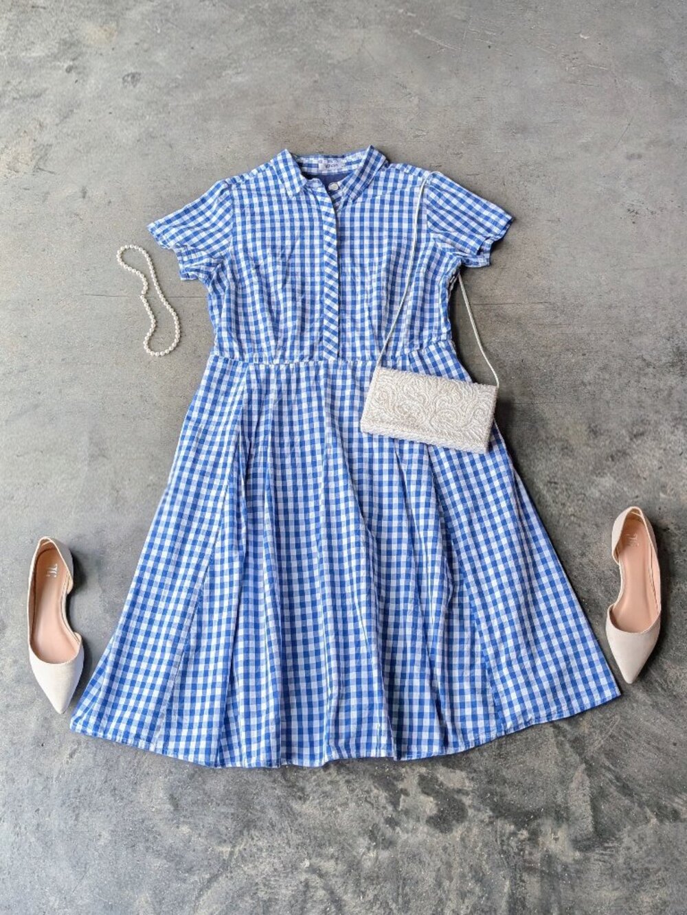 eShakti Blue White Gringham Short Sleeve Midi Shirt Dress size XL 16